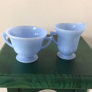 Pyrex Vintage Blue Delphite “Bluebell” Creamer and Sugar Pitcher and Cup